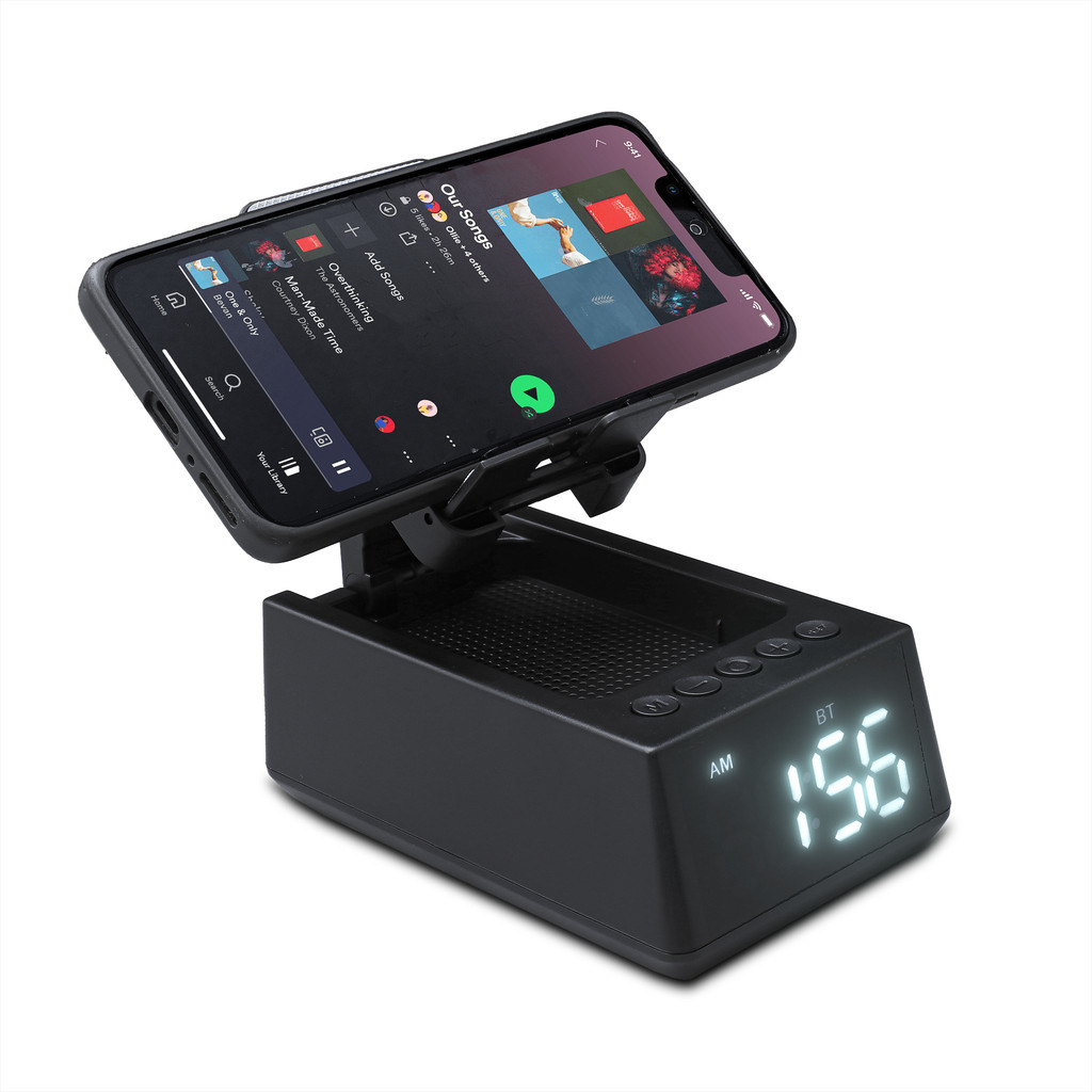 Caixa De Som Alto Falante Rádio Relógio Digital Portatil Bluetooth 8W RMS USB Cartão SD Suporte de Celular Articulado