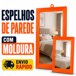 Kit 10 Espelho Parede Moldura Plástica Laranja Banheiro Quarto Sala Barbearia Decorativo Resistente Nítido