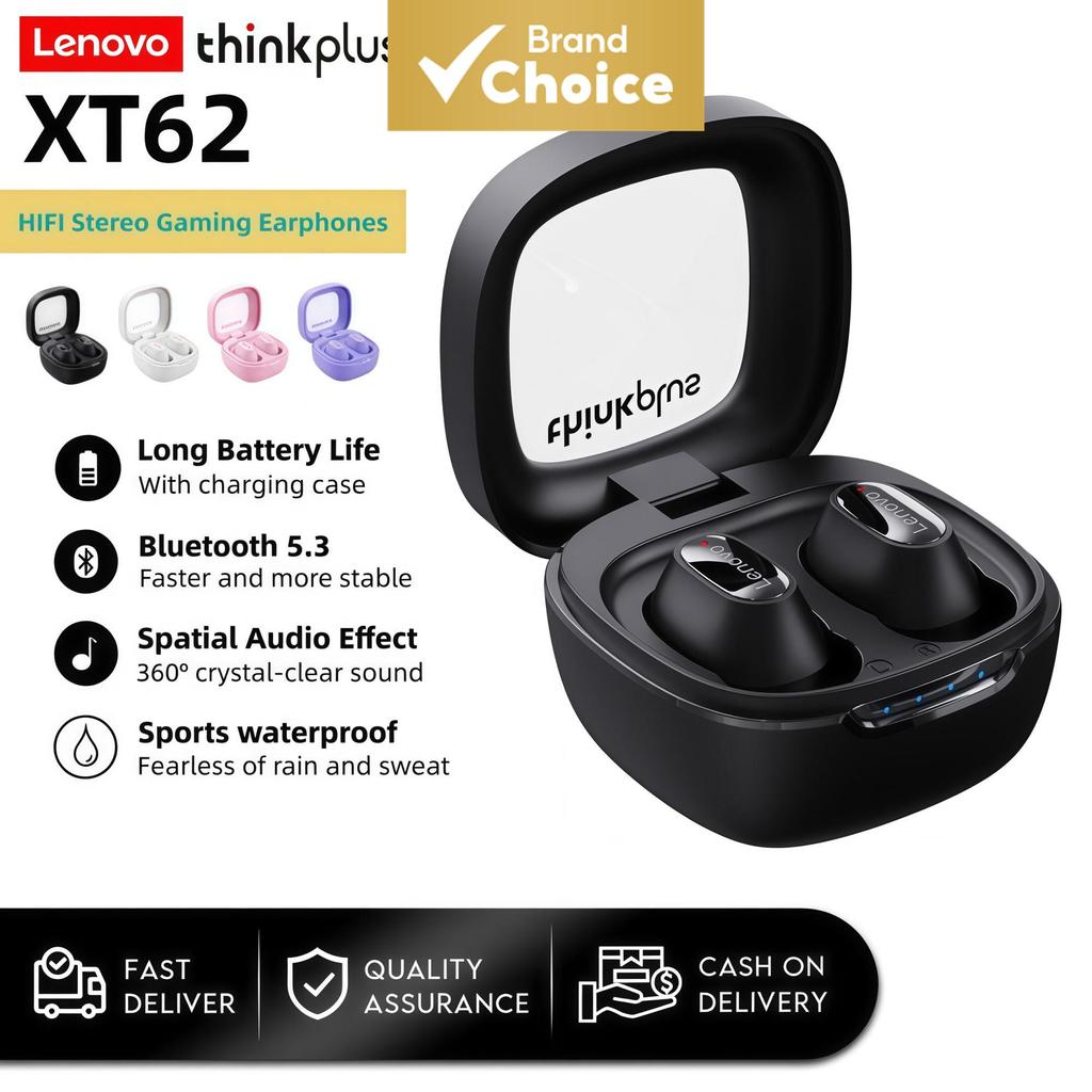 Fones De Ouvido Lenovo XT62 Mini TWS Esportivos Sem Fio Bluetooth HiFi Estéreo Com Redução De Ruído Microfone De Baixa L