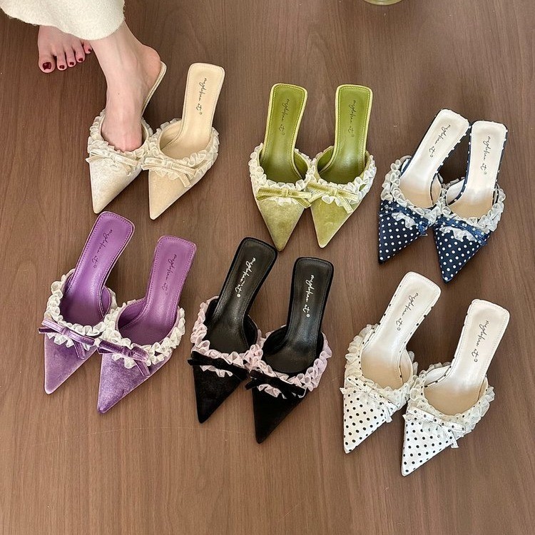 Estoque pronto salto alto Stiletto pontiagudo feminino renda bolinhas chinelos de salto feminino 41 42 tamanho gran
