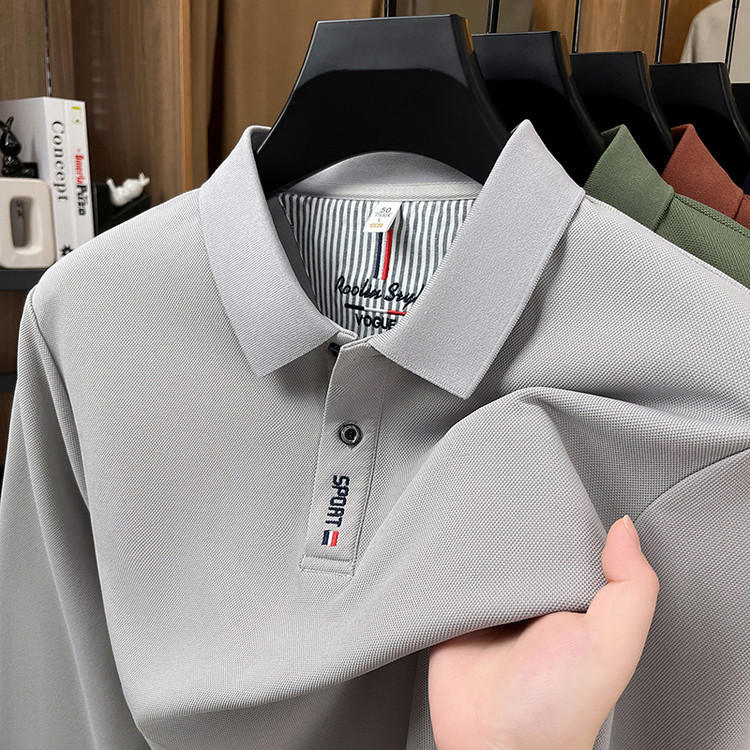Camiseta de lapela fina de manga comprida de seda gelada pai de meia-idade usar camisa POLO de outono para idosos de mei