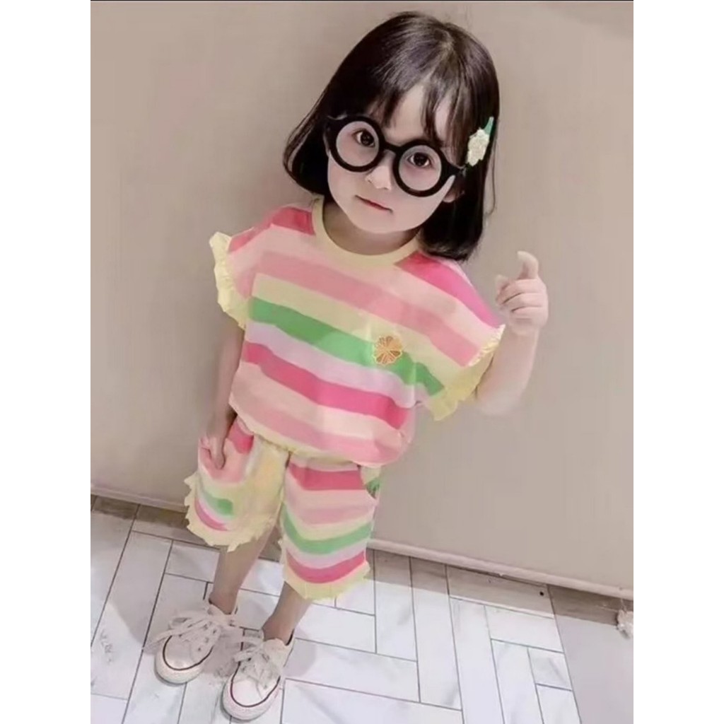 Feminino bebê verão moda terno moda terno estilo ocidental listrado arco-íris roupas infantis Shorts meninas fungo borda