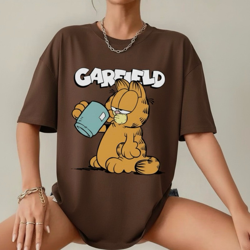 Camiseta 100% Algodão Garfield Coffe MOOD Feminina Camisa Unissex Estampada Camisa Estilosa Básica T- Shirt