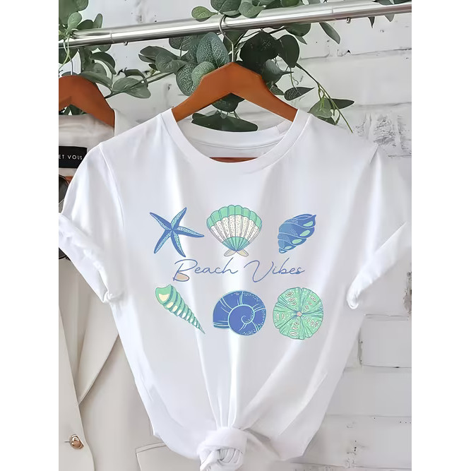 Camiseta Feminina Estampa Marinho com Estrelas de Mar e Conchas Linda Confortável Estilosa Moda Feminina Verão