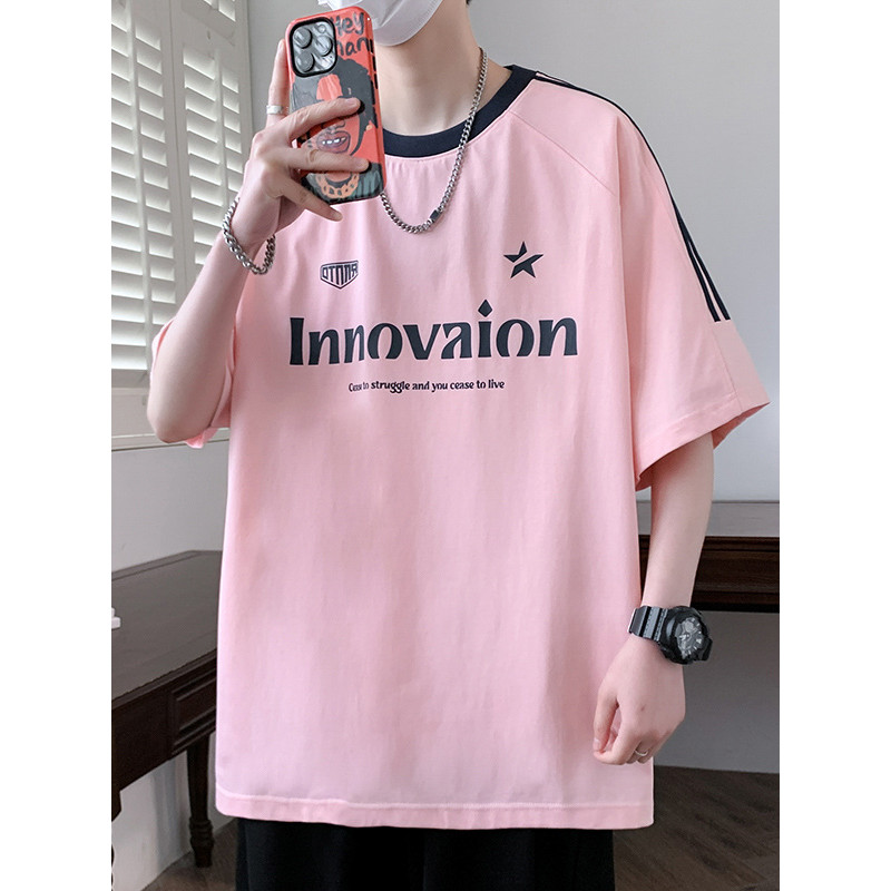 Street Wear estilo americano contraste cor listrado de manga curta camiseta estilo masculino 2026 primavera novo estilo 