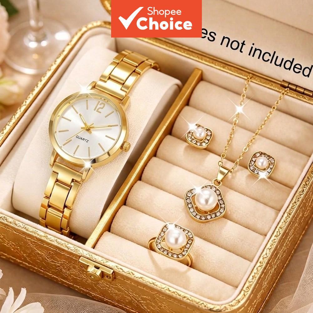 Conjunto Feminino De Relógio De Quartzo Pérola Com Pulseira De Aço Dourado 4 Peças Colar Brincos Para Anel
