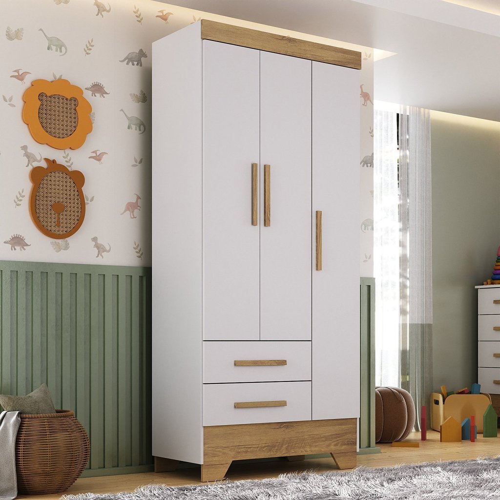 Guarda Roupa Infantil 3 Portas 2 Gavetas Branco/Natural Tic Tac Espresso Móveis