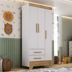 Guarda Roupa Infantil 3 Portas 2 Gavetas Branco/Natural Tic Tac Espresso Móveis Branco Fosco/Natural
