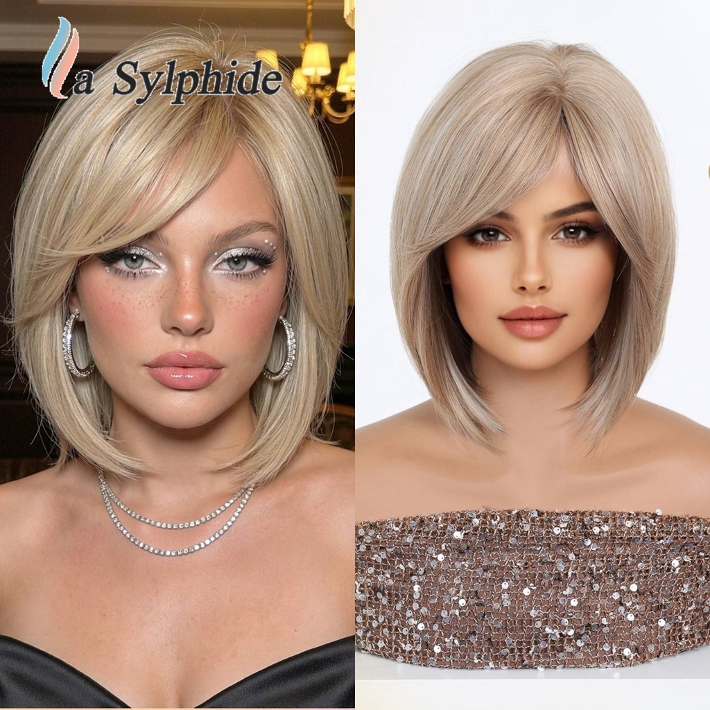 Peruca feminina destaque marrom clavícula BOBO curto cabelo reto franja parcial respirável rosa malha chapelaria