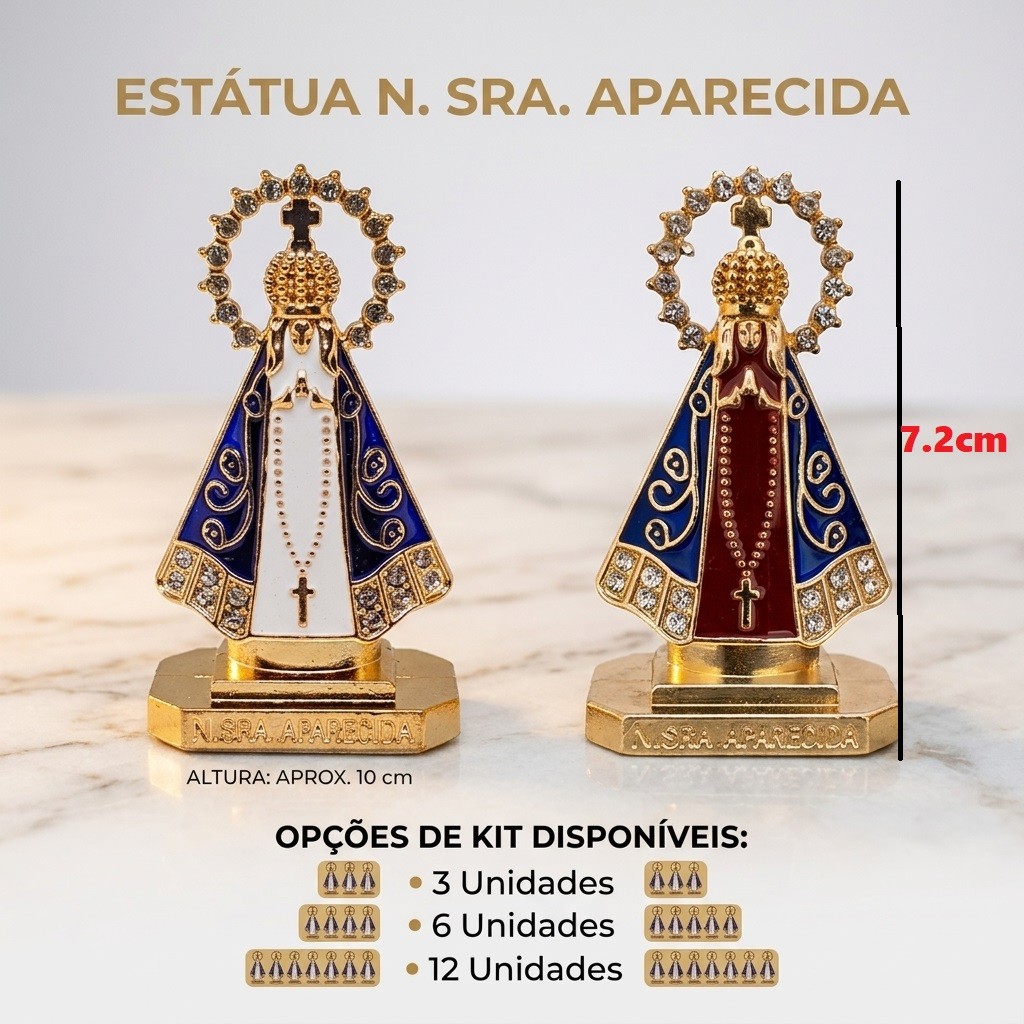 Kit com 3, 6 ou 12 Imagens Nossa Senhora Aparecida em Metal 7,2cm para Mesa, Carro e Decoração Religiosa