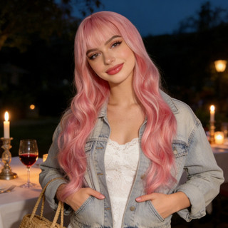￼ Peruca feminina de cabelo comprido com franja, cabelo longo cacheado colorido personalizado, peruca de fibra sintética