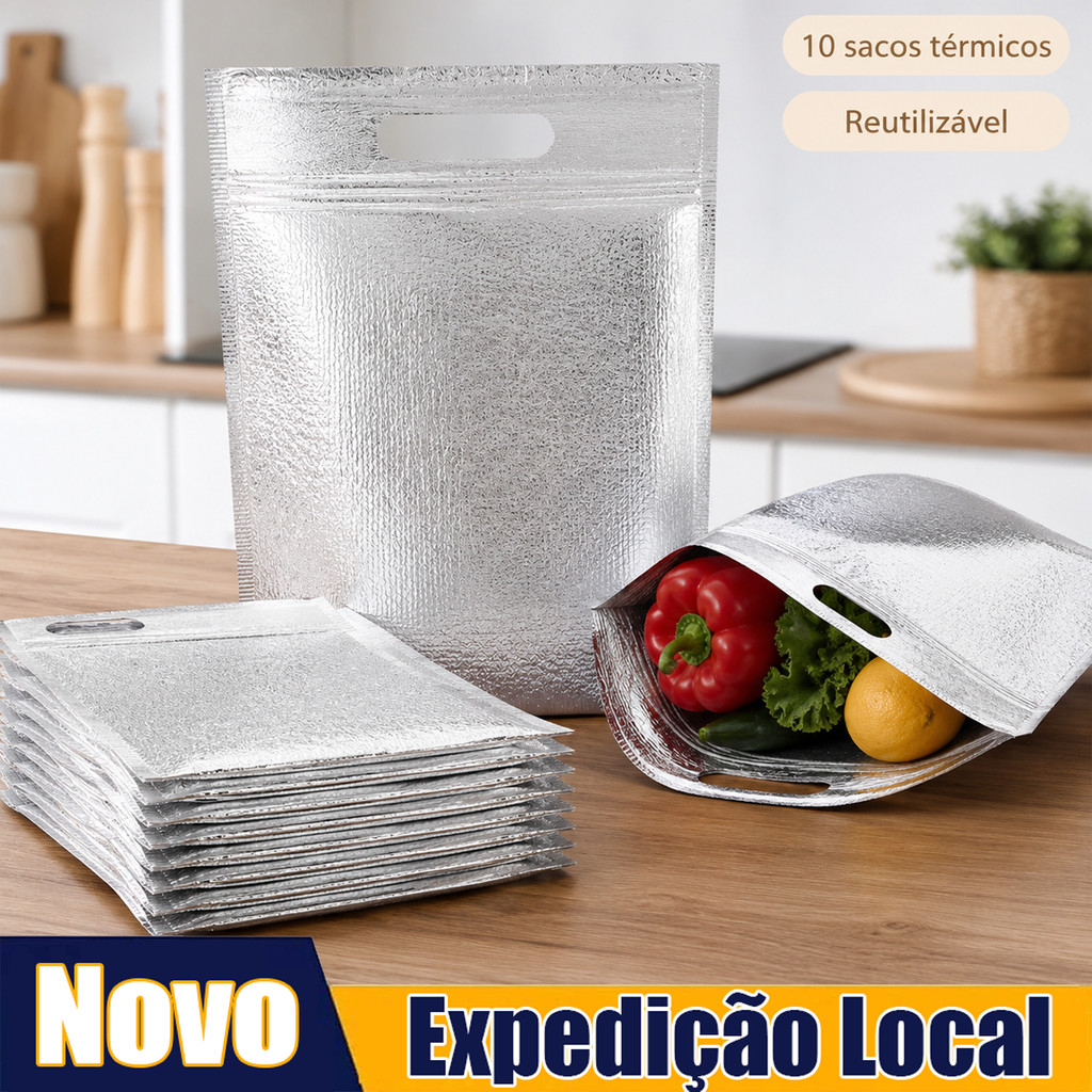 Bolsa Térmica Reutilizável 40x30cm Kit 10 Unidades Aluminizadas com Zíper e Alça para Comida e Bebidas