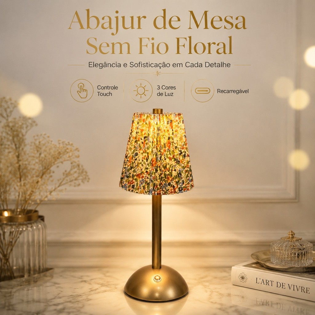 Abajur De Mesa Sem Fio Touch 3 Cores Dourado Cúpula Floral