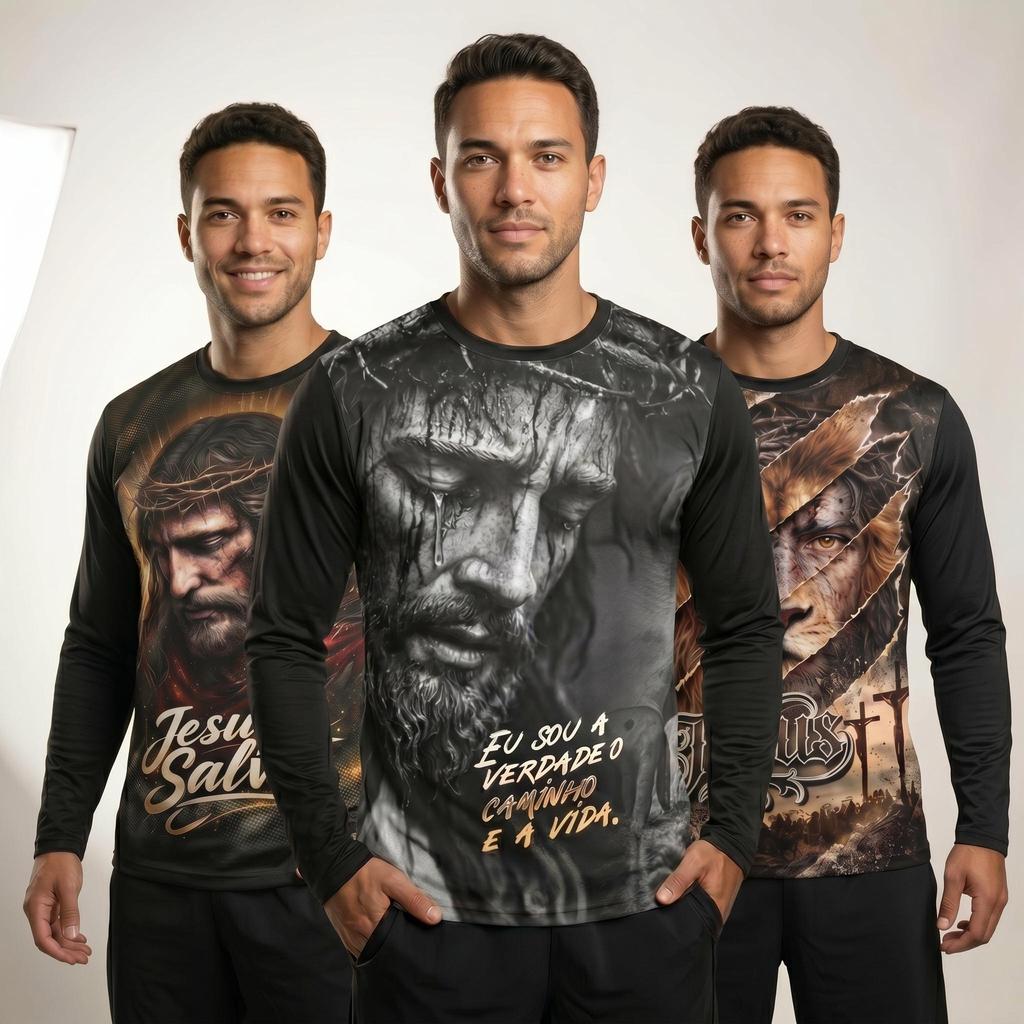 Kit 3 Camiseta Camisa Jesus Masculina Leão de Judá Igreja Moda Cristã Manga Longa Dry Fit UV50+