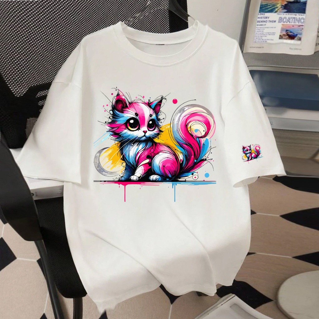 Camiseta Oversized Camisetão de luxo Larga Feminina Gato Cat Estampa Confortável Algodão Feminino