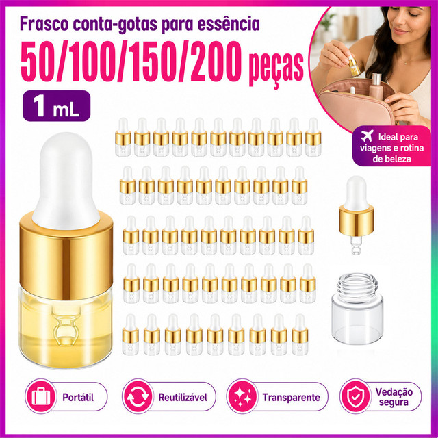 Kit Mini Conta-Gotas de Vidro 1mL Dourado 50/100/150/200 Peças para Rotina, Viagem, Oficina e Cuidados Diários
