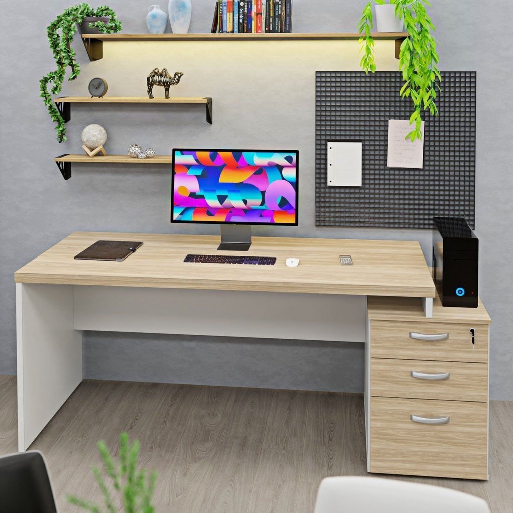Mesa de Escritório Pedestal Office 3 Gavetas 190cm Dubai e Branco Bege Dubai/Branco