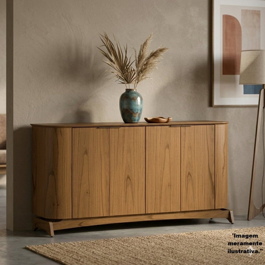 Buffet Aparador Curvo em MDF 4 Portas 160cm com Pés em Madeira Maciça Serena Cinamomo