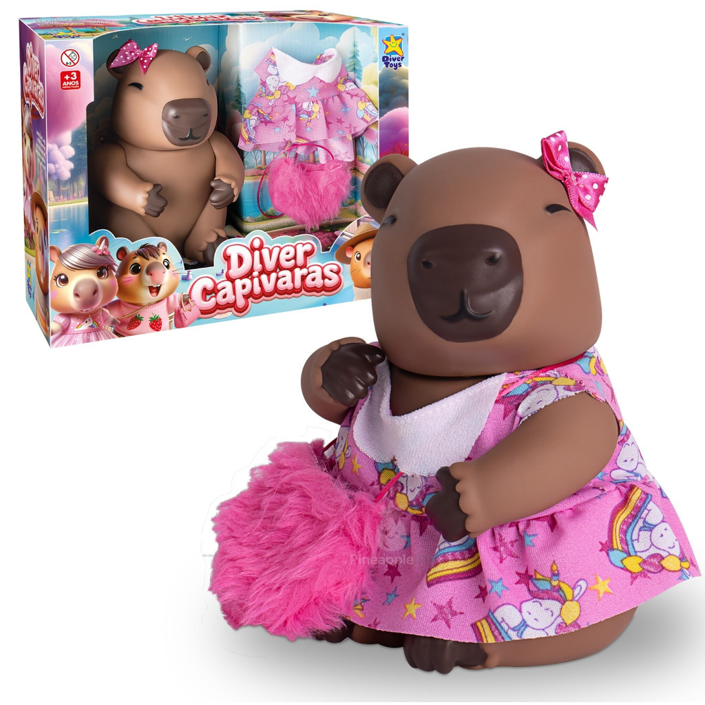 Boneco Articulado Capivara De Roupa Brinquedo Em Viníl Macio c/Vestido, Lacinho E Bolsa p/Crianças - DiverToys