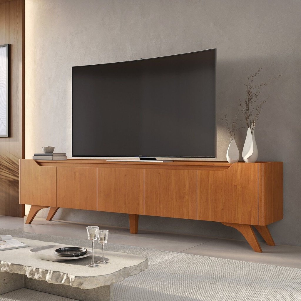 Rack para TV até 75 Polegadas 100% MDF 220cm Pés em Madeira Maciça 4 Portas Grécia Naturalle