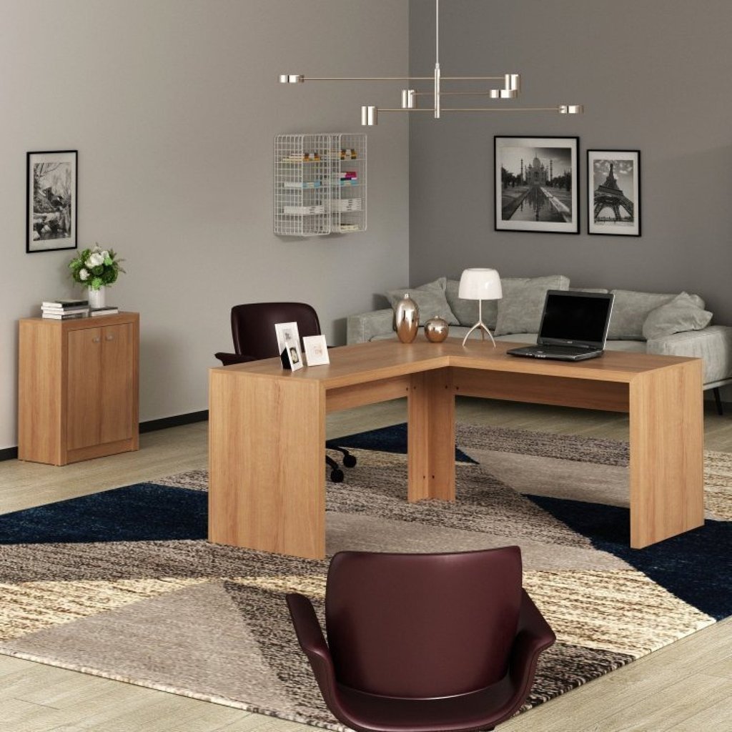 Conjunto 2 Peças com Mesa para Escritório em L e Armário Multiuso Baixo Marrom Amêndoa