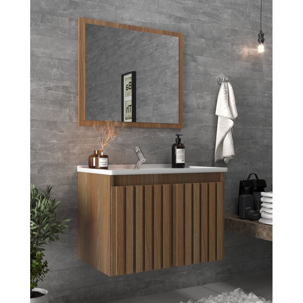 Conjunto Gabinete para Banheiro com Espelheira Barra 60 Marrom/Noce Noce