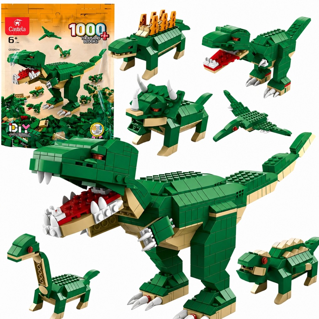 Bloco De Montar Dinossauro Jurassico 1000 Peças 6 em 1 Castela T-Rex Brinquedo Educativo Presente Menino Menina