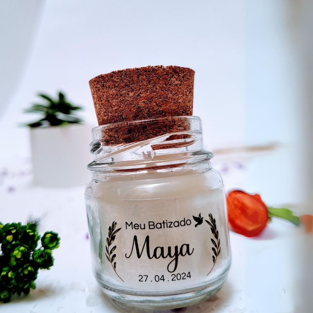 60 Lembrancinhas de Batismo - Vela Aromática para Lembrança em Pote de Vidro com Tampa de Rolha
