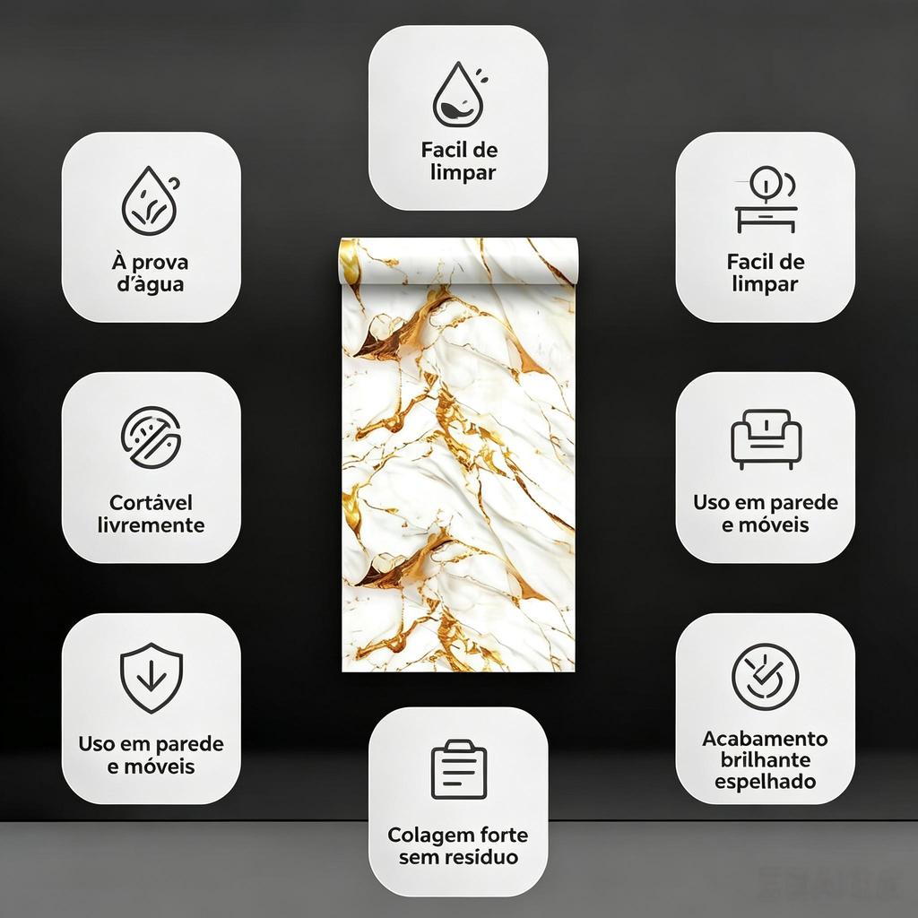 Adesivo de Parede Mármore Dourado Autoadesivo 3m×60cm Renovação para Quarto Sala Cozinha Móveis Sem Obra — imagem 2 de 2
