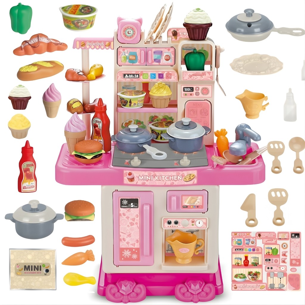 Cozinha Infantil Completa Castela 43 Acessórios Rosa Luz E Som Fogão Panelas Ute