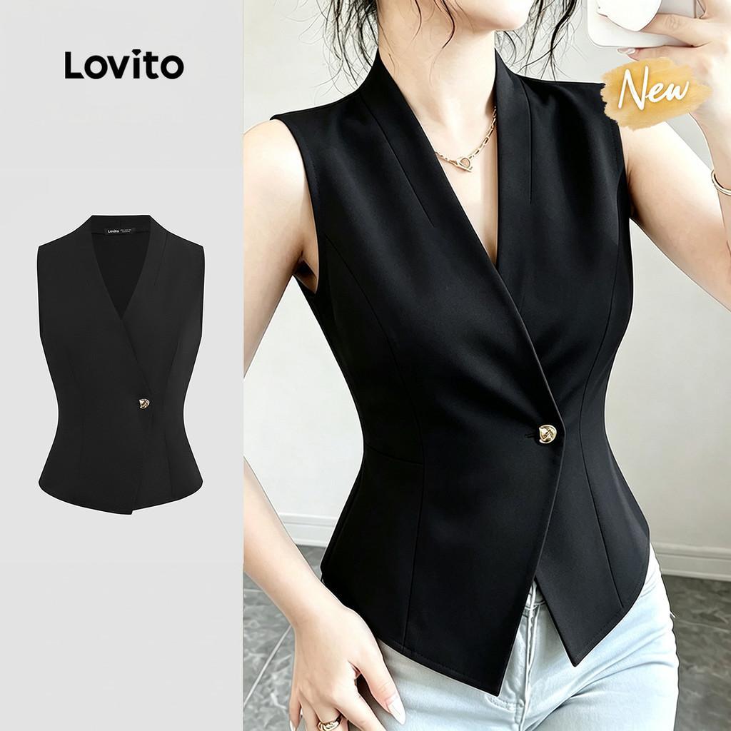 (New Arrival) Lovito Blusa Preta Elegante com Botão Superior Assimétrica Primave