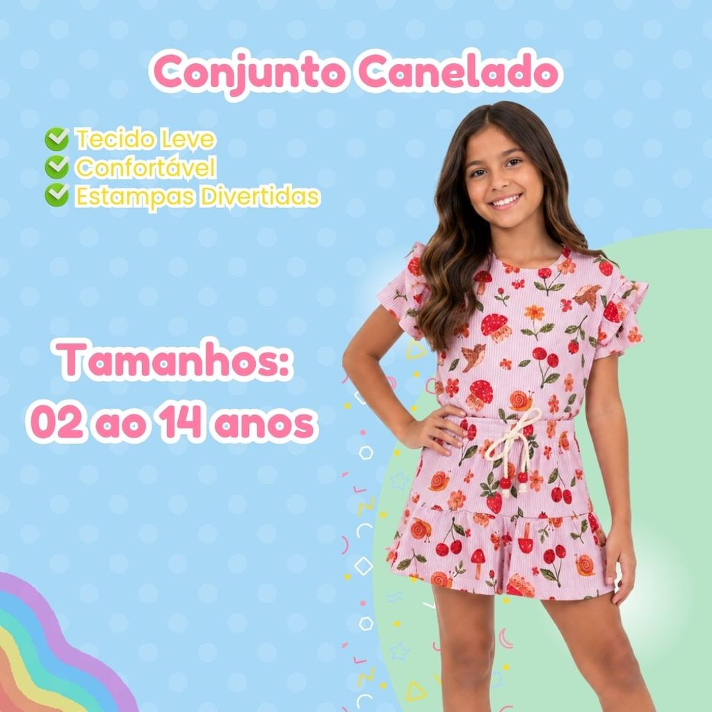 Conjunto Infantil Feminino | Blusa + Short Saia Estampado | Moda Blogueirinha I Valentina