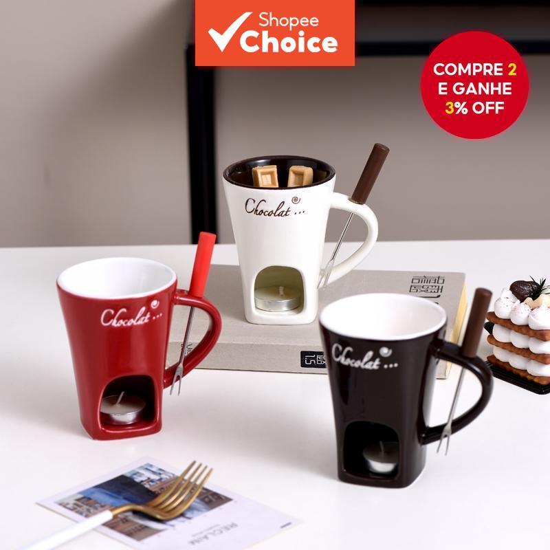 Caneca Fondue de Chocolate 150ml Cerâmica Pessoal para Queijo com Manteiga, garfo e vela, xícara portátil para camping