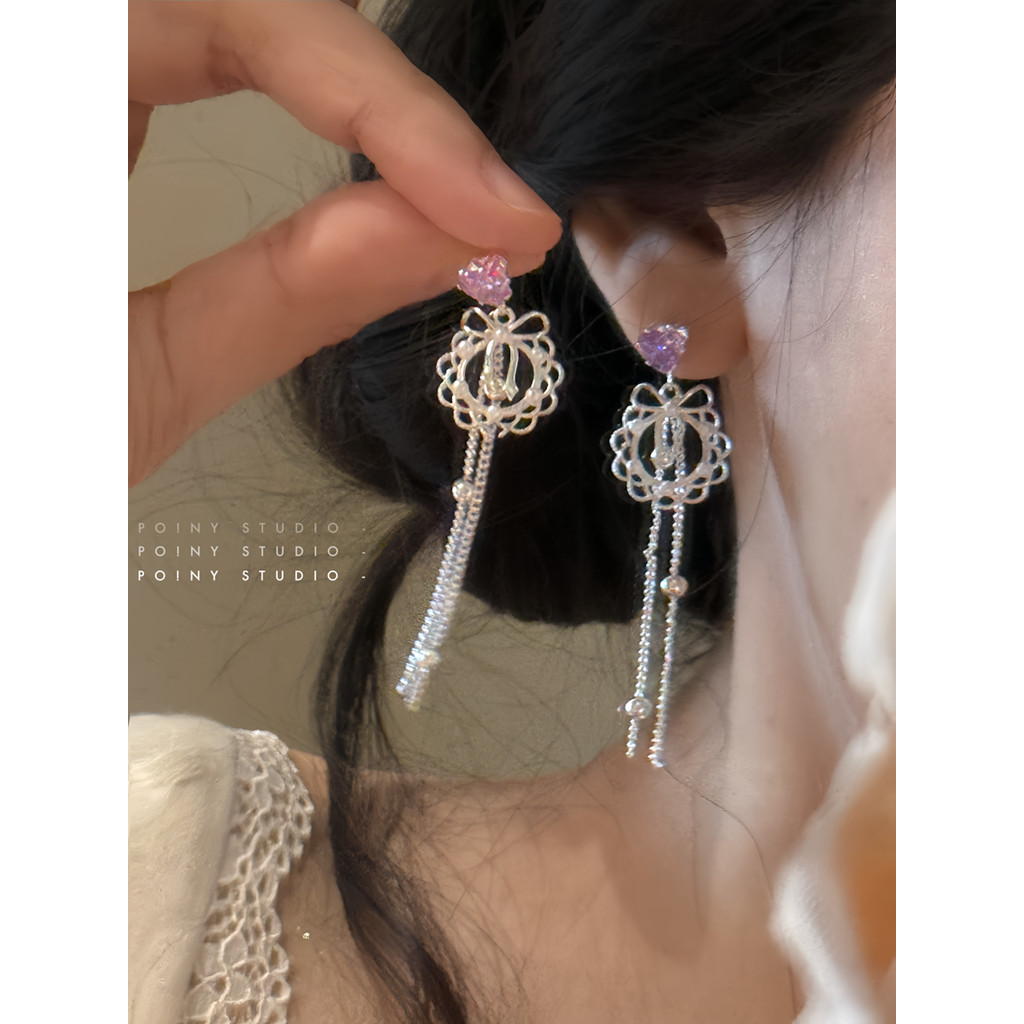 Doce menina rosa diamante coração oco arco brincos feminino longo anel borla brincos doce High-End brincos