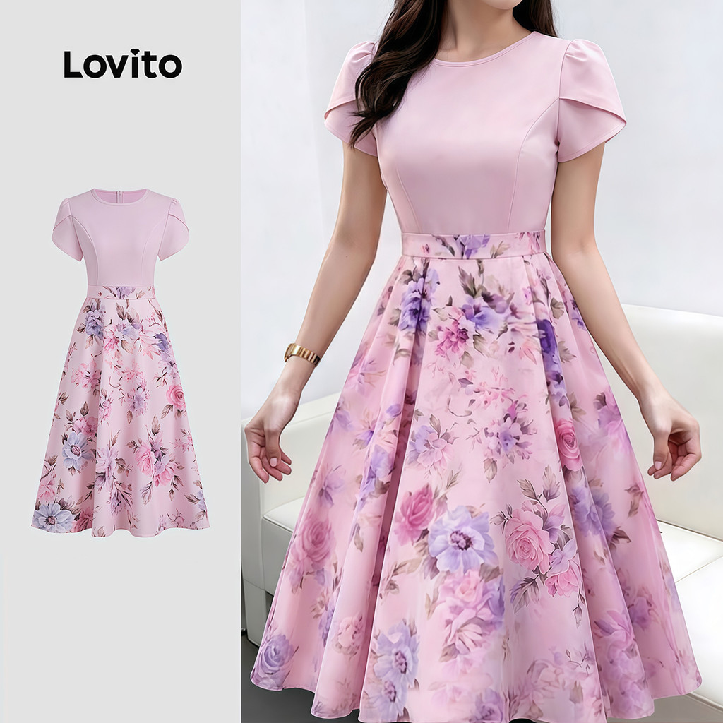 (New Arrival) Lovito Vestido Elegante com Tecido em Costura e Zíper para Primave