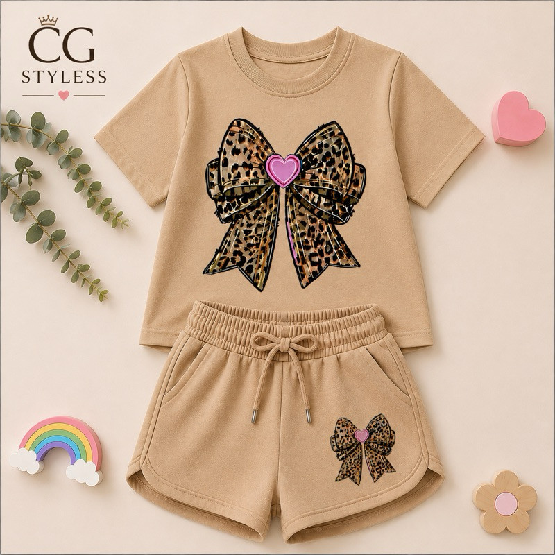 Conjunto Infantil Feminino Camiseta e Short Moletinho Laço Animal Print Coração Rosa Casual Verão Menina 2 a 16 Anos