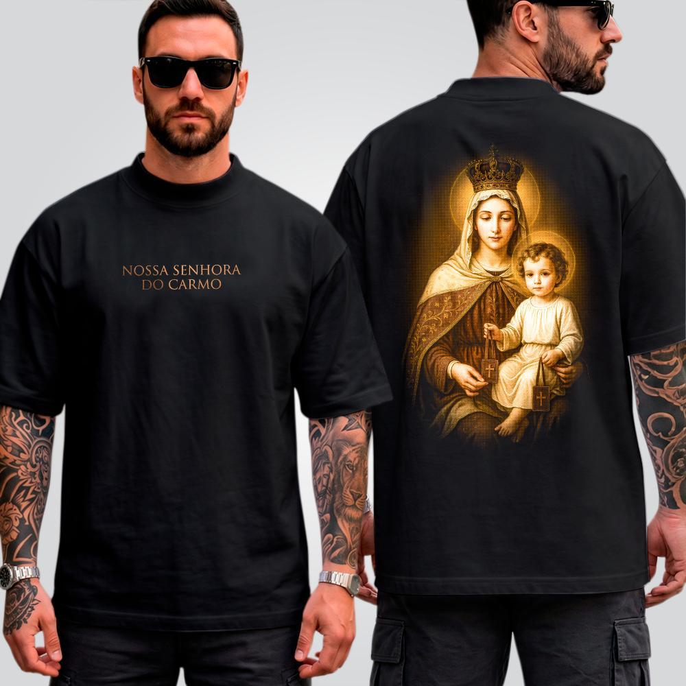 Camiseta Masculina Oversized Suedine Estampada Nossa Senhora do Carmo Streetwear Halftone