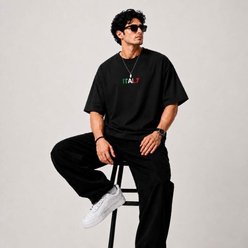 Camiseta Oversized Estampada Italy Minimalista 100% Algodão Premium Manga Padrão Streetwear Casual Confortável Unissex