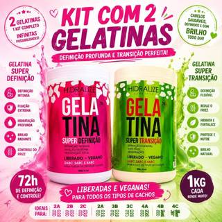2 Gelatina Super Definiçao Hidralize 1Kg + Cabelos Cacheados 1Kg