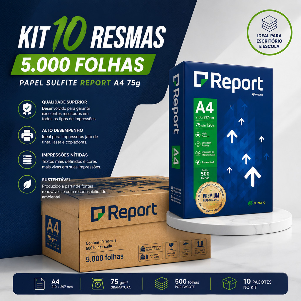 Kit 10 Papel Sulfite Report A4 75g – 5.000 Folhas para Impressão Escritório e Escola
