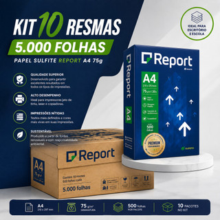 Kit 10 Papel Sulfite Report A4 75g – 5.000 Folhas para Impressão Escritório e Escola