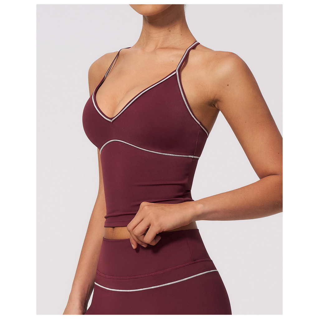 Novo estilo Halterneck escovado Yoga Wear colete com decote em V bela volta contraste cor tridimensional lazer esportes 