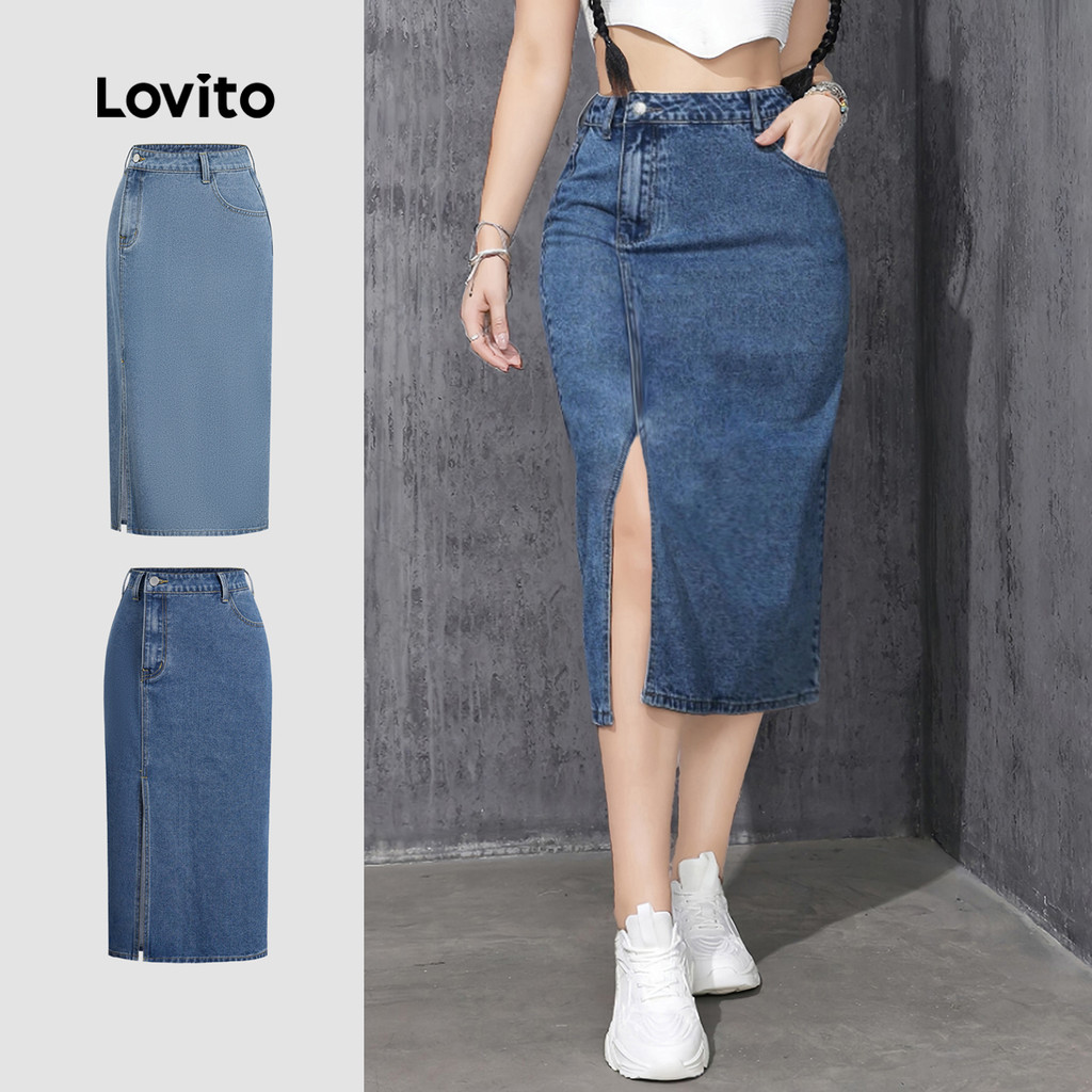 Lovito Casual Saia Jeans com Fenda Assimétrica Bolso Primavera/verão Saia Jeans