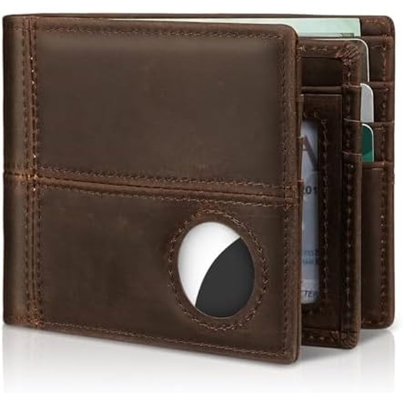 Carteira Masculina Com Suporte AirTag , Couro Duplo RFID Bloqueando 1-2 ID Windo