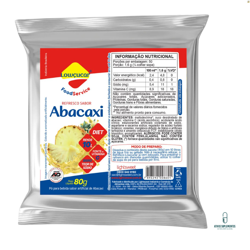 Refresco Sabor Abacaxi Zero Açúcar Diet 80g - Lowçucar Food Service