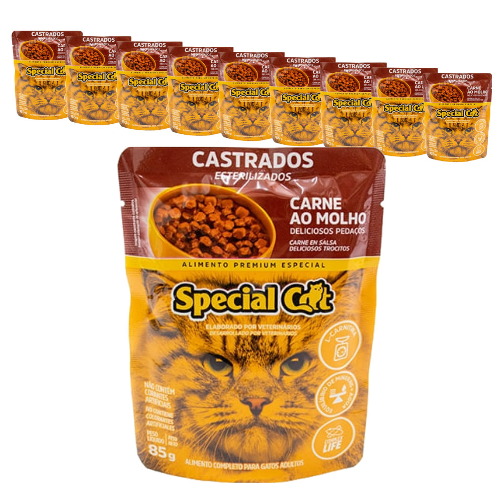 Ração Úmida Premium Special Cat Sachê para Gatos Castrados sabor Carne 85g - KIT 10 unids