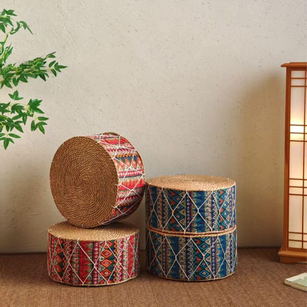 Imagem Almofada De Chão , Banco Tecido À Mão De Material Durável , Zafu De Formato Redondo Com Design Portátil De Palha Natural
