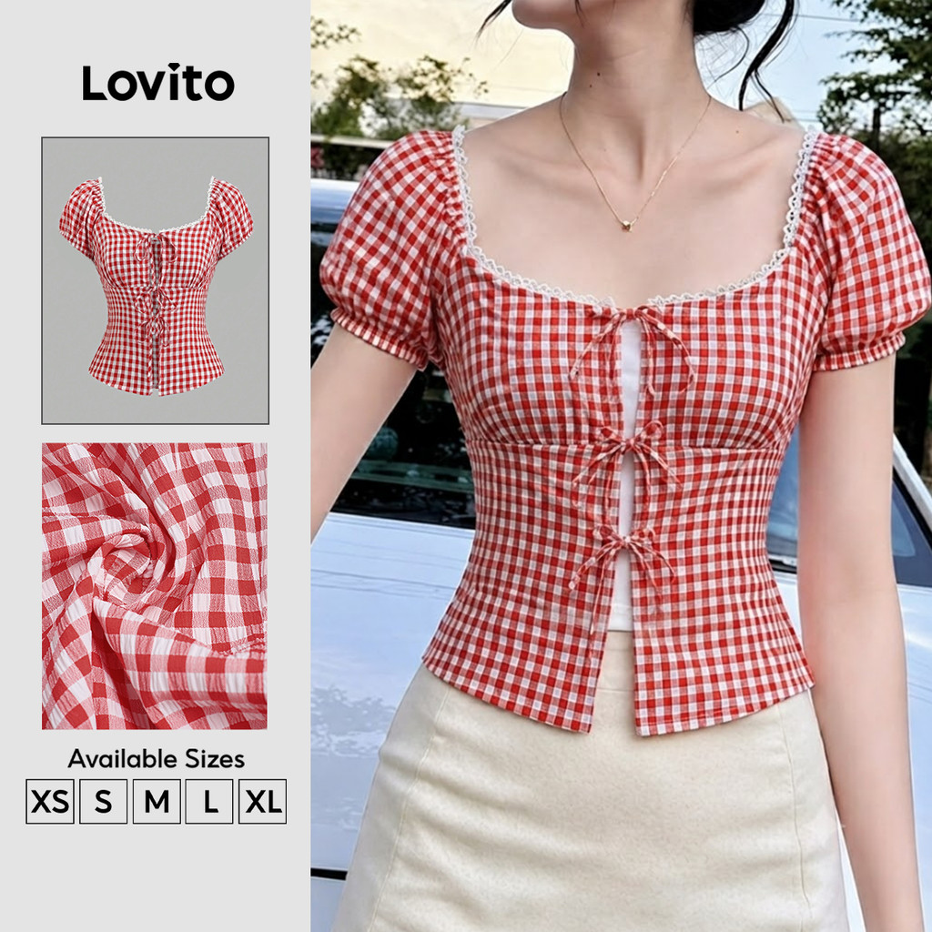 Lovito Blusa Casual de Renda Vermelha e Branca Primavera/verão para Mulheres Bor