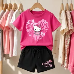 Conjunto Infantil Hello Kitty Menina Camiseta Estampada e Shorts Confortável 100% Algodão Roupa Casual