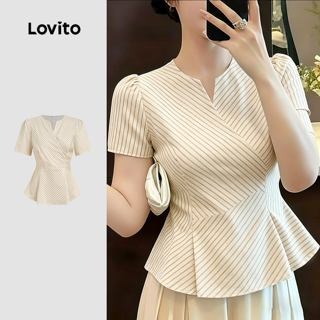 (New Arrival) Lovito Blusa Casual Padrão para O Trajeto Diário Leve Cor Caqui Cl